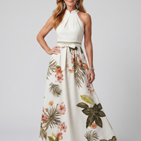 Meadow | Draped Halter Botanical Panel Maxi Dress