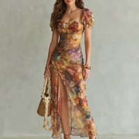 Ciel | Ruffled Sleeve Ruched Slit Midi Dress