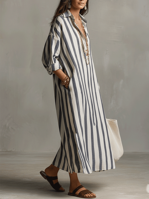 Casual Striped Shirt Bohemian Style Maxi Dress
