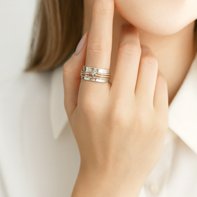Marlene – Wide Hammered Ring with Gold Accents