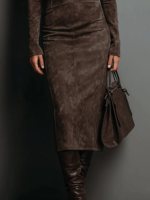 Seraphina | High Neck Long Sleeve Suede Midi Dress