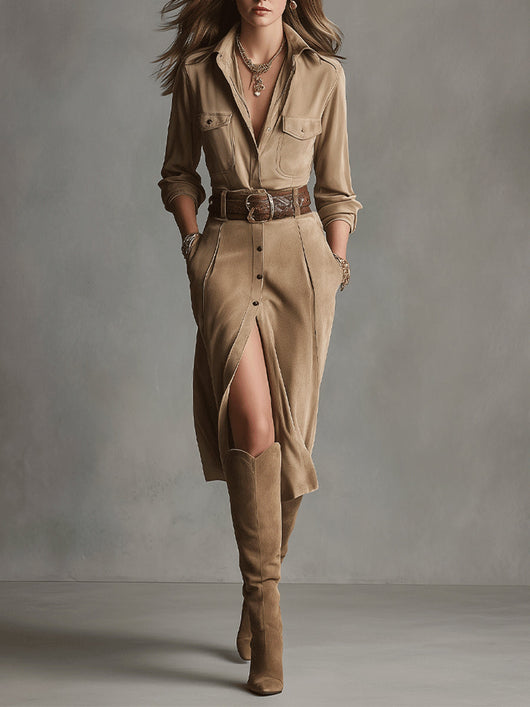 Alelie | Women's Brown Fashion Suede Midi Dress