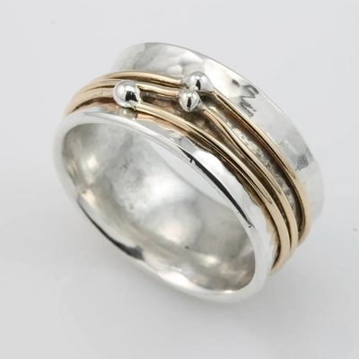 Marlene – Wide Hammered Ring with Gold Accents