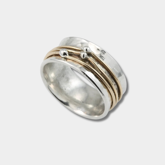 Marlene – Wide Hammered Ring with Gold Accents