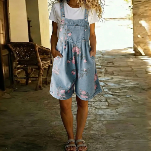 Judy | Vintage Washed Soft Cotton Feel Denim Floral Jumpsuit