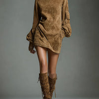 LILLY | SUEDE TURTLENECK MINI DRESS WITH VINTAGE CHARM