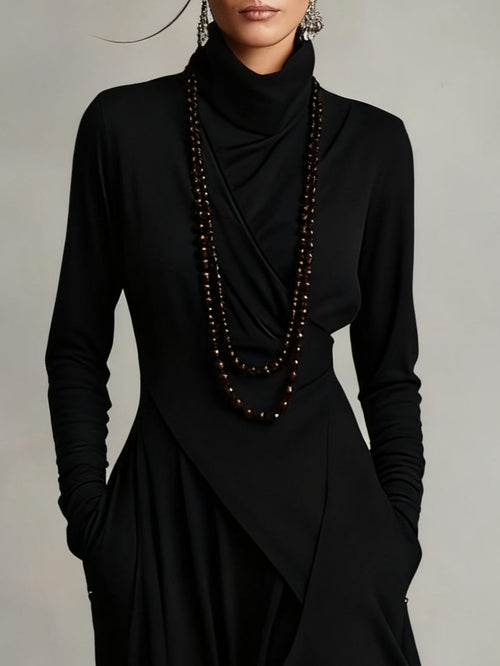 Irene | High-neck Asymmetrical Pleated Dress