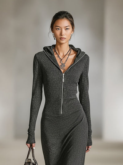 LIORRA | LONG-SLEEVE TUNIC DRESS WITH HOOD AND ZIPPER DETAIL