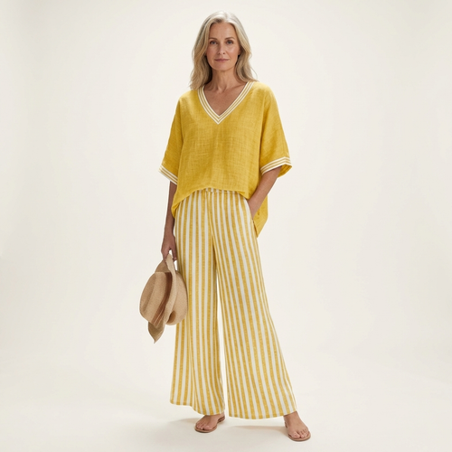 Juliana | V-Neck Varsity Top & Stripe Wide-Leg Set