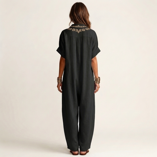 Amarina | Embroidered V-Neck Collar Linen Maxi Dress