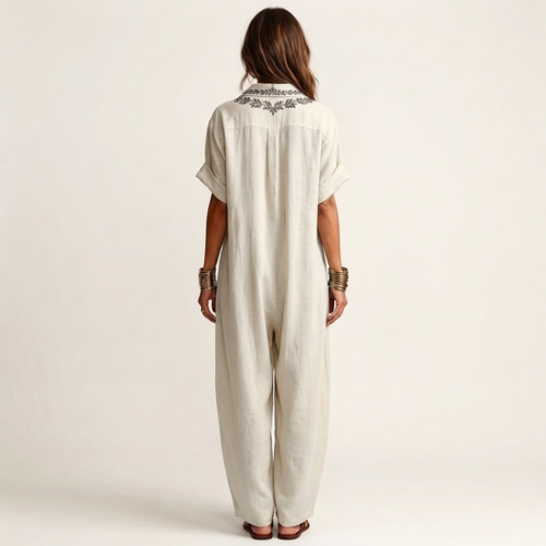 Amarina | Embroidered V-Neck Collar Linen Maxi Dress