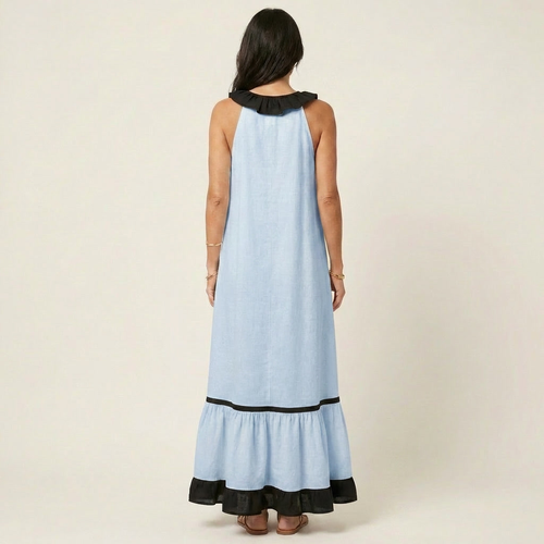 Mayline | Sleeveless Ruffle-Neck Contrast-Trim Maxi Dress