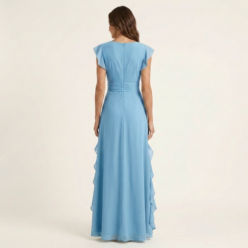 Nellyana | Wrap-Style V-Neck Flutter-Sleeve Cascading Ruffle Maxi Dress