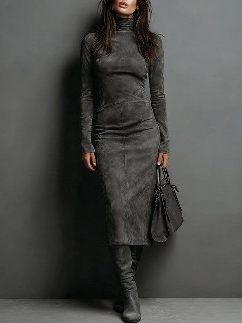 Seraphina | High Neck Long Sleeve Suede Midi Dress