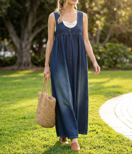 Karen | Vintage Washed Soft Cotton Feel Denim Maxi Dress